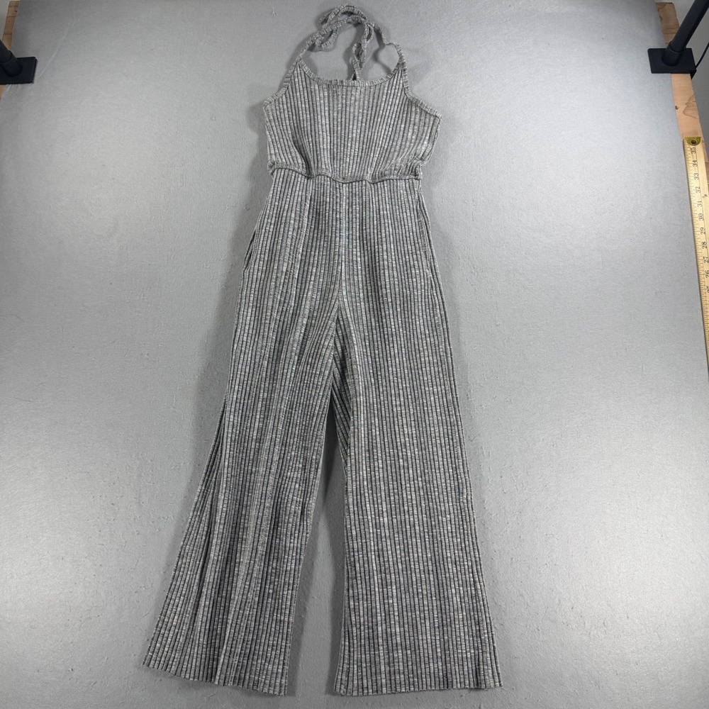 Urban Outfitters Grey Ribbed Halter Wide Leg Jumpsuit XS Pockets Space Dye